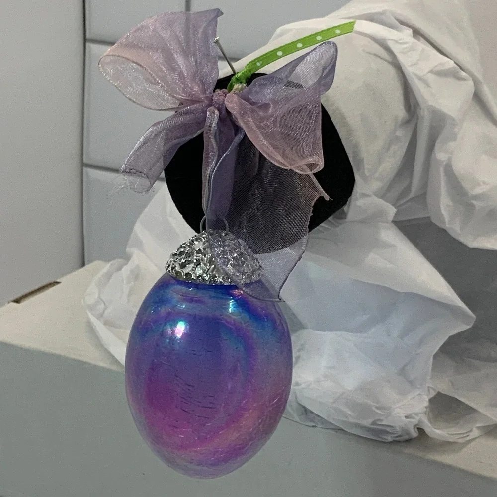Iridescent Purple‎ Glass Egg Ornament Decorative Cap Organza Bow Easter Holiday